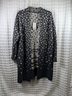WoolOvers Leopard Print Open Front Knit Lambswool Cardigan Sweater - Womens XL